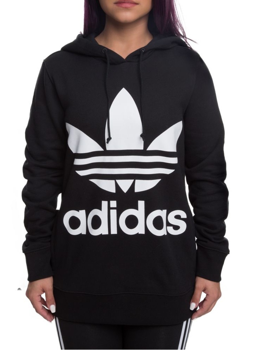 ADIDAS BLACK WHITE FRONT LOGO TREFOIL HOODIE SWEATSHIRT